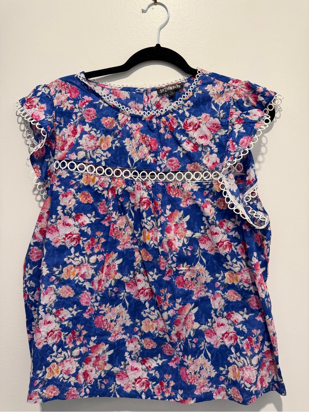 Cotton Bleu Flutter Cap Sleeve Top Pink Blue Floral Eyelet Trim Detail XL